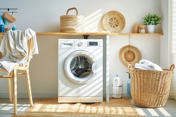 Laundry room interior with washing machine and basket of towels.