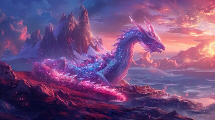 Neon dragon curling around a crystal mountain at dusk
