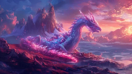 Foto op Canvas Neon dragon curling around a crystal mountain at dusk © Anuwat