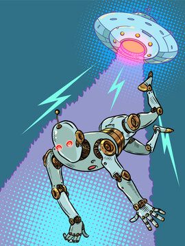 Pop Art Retro The robot is lifted towards itself by a flying saucer using a beam. Paranomal phenomena in the galaxy and aliens. Exploration of the universe in search of other life and civilizations.