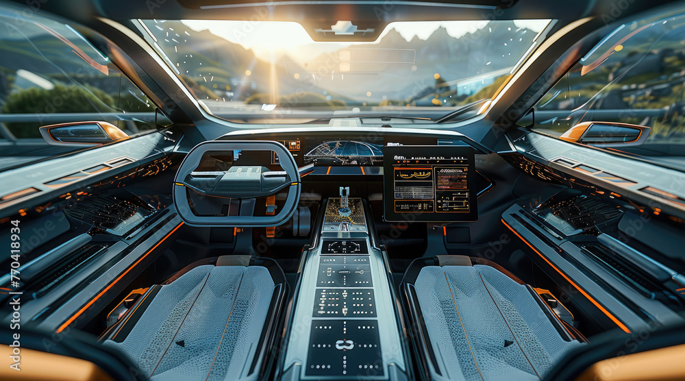 Poster the cockpit of a solar-powered vehicle, emphasizing the role of innovative green technology in pushi