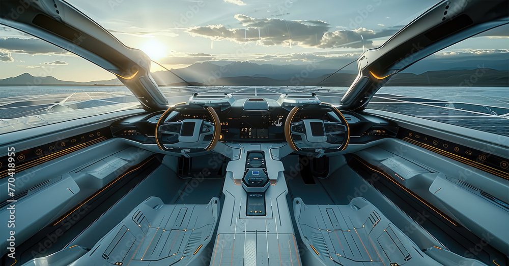Aufkleber the cockpit of a solar-powered vehicle, emphasizing the role of innovative green technology in pushi