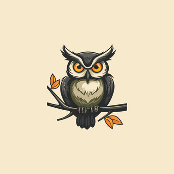 Owl on a branch logo illustration design vector