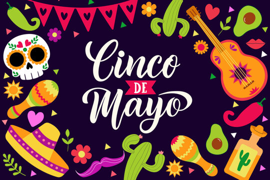Cinco de Mayo - May 5, federal holiday in Mexico. Fiesta banner and poster design with guitar, sombrero, tequila, confetti. Lettering calligraphy inscription Cinco de Mayo. Vector illustration.