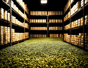 Warehouse in tea factory. Rows of plastic boxes for packaging and storage stand in an old room at manufacturing plant in Sri Lanka. Production concept. High quality photo. Copy ad text space, banner