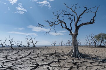 A poignant reminder of environmental urgency  Dead trees on parched earth as a metaphor for drought and the escalating climate crisis