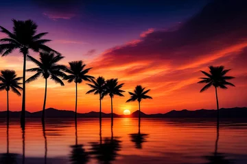 Zelfklevend Fotobehang Tropical landscape - silhouette palm trees on sunset at orange sky background. Nature image backdrop, amazing wallpaper. Stylish image for design. Concept of summer vacation travel. Copy text space © Alex Vog
