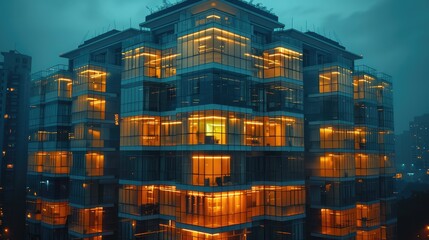 Night evening view in glass residential building with numerous flats with glass walls and illuminated windows time lapse. Generative AI.
