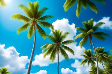 Fototapeta na wymiar Coconut palm trees on amazing blue sky with clouds. Background tropical landscape, fantastic wallpaper. Concept of summer vacation and business travel. Beauty in tropic climate. Copy text space