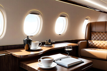 Comfort chic decor salon private jet with laptop, diary, coffee cup on table. Luxury business airplane vip interior, at highest. Quality service in aviation industry concept. Copy ad text space