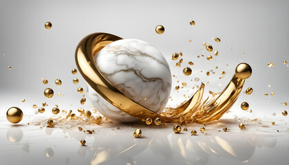 A dynamic scene capturing a marble sphere encased in golden elements, surrounded by floating golden...