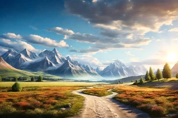 Fotobehang Landscape photo of wild nature mountains of Bolivia with rustic road, sunny summertime day. Scenic view of bolivian natural wilderness. Global ecology concept. Copy ad text space, nature backgrounds © Alex Vog