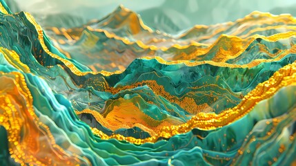 Obraz na płótnie Canvas Golden green three-dimensional landscape painting illustration background
