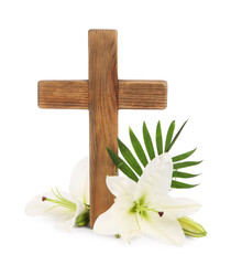Wooden cross, lily flowers and palm leaf on white background. Easter attributes