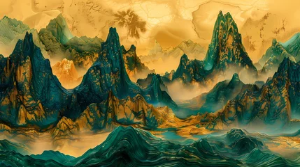 Schilderijen op glas Golden green three-dimensional landscape painting illustration background © jinzhen