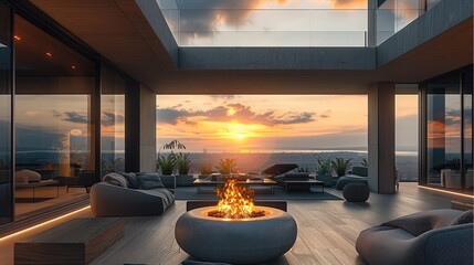 Fototapeta premium Interior modern design, balcony with a fire table, modern style, sunset. Generative AI.
