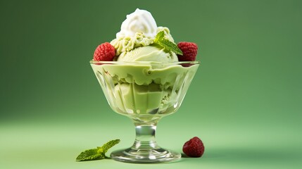 creative green background using ice cream with berries with space for inscription