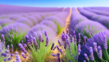 A lavender field with blooming flowers and a clear blue sky in the background
