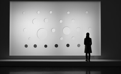 Woman visiting art gallery her looking Dot Art on wall watching Clock concept art at museum people lifestyle concept. Generative AI.