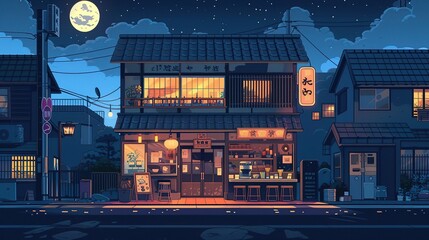 a beautiful japanese tokyo city ramen shop restaurant bar in the dark night evening. house at the street. anime cartoonish art style. cozy lofi asian architecture