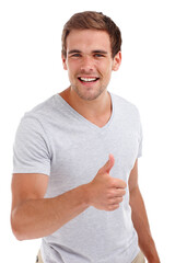 Thumbs up, happy and portrait of man on a white background with hand sign, emoji and gesture. Confidence, smile and face of isolated person with signal for agreement, thank you and promote in studio