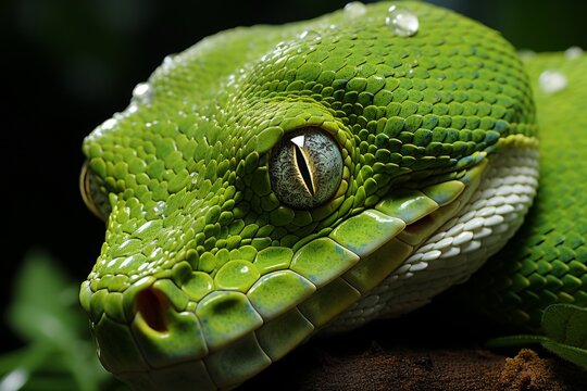 A lithe green tree python draped over the sturdy branch of a towering tree, its emerald scales blending seamlessly with the verdant foliage
