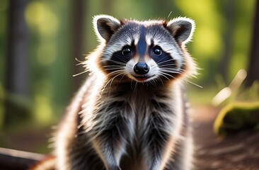 Fototapeta premium Happy raccoon against the background of the forest