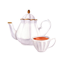 Porcelain ceramic white teapot and cap of tea. Watercolor hand-drawn illustration isolated on white background. Perfect for recipe lists with drinks, brochures for cafe. Side view