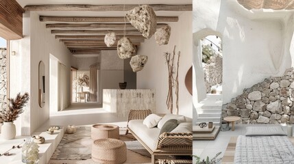architecture moodboard for an organic shaped villa in Crete. The mood emphasises the use of natural materials, colors and textures and a connection to nature  - obrazy, fototapety, plakaty