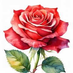 Watercolor red rose on white background. rosa in profile; botanical illustration