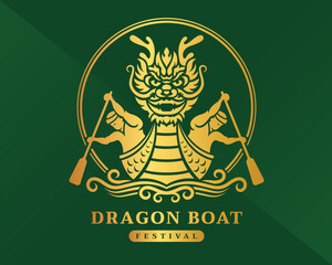 Dragon boat festival Gold front dragon boat and boater on water wave in circle line on green background vector design - 770421590