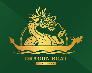 Dragon boat festival Gold big curled up china dragon in circle line on dragon boat symbol on green background vector design