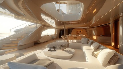 Sailing yacht, upper deck, interior, living room. Generative AI. - obrazy, fototapety, plakaty