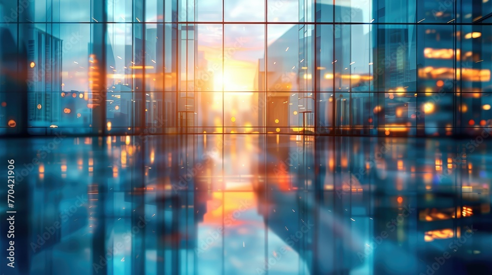 Poster blurred glass wall of modern business office building at the business center use for background in b