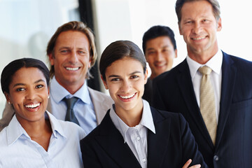 Fototapeta premium Business people, portrait and happy in corporate office, diversity and career pride for collaboration. Positive, face and legal team in confidence for solidarity, lawyer and consulting in law firm
