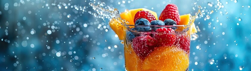 A dynamic, splash moment captured as fruits are dropped into a tall smoothie glass, set against a clean, light backdrop, wide negative space for advertising copy - obrazy, fototapety, plakaty