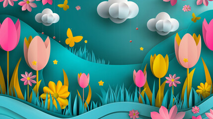 Fototapeta na wymiar papercut tulip, flower, spring concept banner, poster generative ai illustration