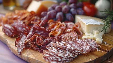 Tasty cured meats and cheeses on a wooden chopping board. Generative AI.