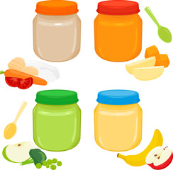Baby and toddler food set in jars and spoons. Meat, fruit and vegetable puree with potato, pumpkin, broccoli, rice, apple and banana. Kids feeding products. Vector illustration collection