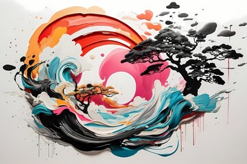 Japanese zen style abstract art illustration using brush stroke style. Black ink with no background images, plain white background.