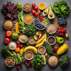 Wholesome Clean Eating: Nutrient-Packed Selection of Fruits, Vegetables, Seeds, and Superfoods on Concrete Background