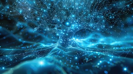 Abstract background, blue tones, futuristic, technological digital tree, creative, break reorganization, technological, virtual digital tree. Generative AI.