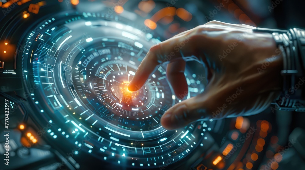 Poster Digital interface with hand touch futuristic background of virtual computer screen display or cyber communication hologram and innovation. Generative AI.