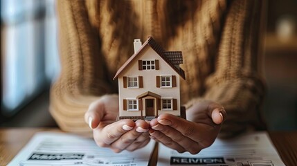 Close-up of woman hands holding a small model house, with rental property contracts in the background, representing income from real estate investments   - obrazy, fototapety, plakaty