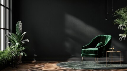 Black room interior with green velour armchair, wood floor, carpet and decor , Living Room with a Green Armchair on an Empty Dark  black Background - obrazy, fototapety, plakaty