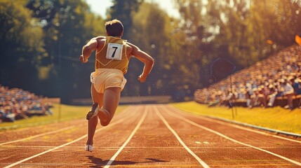 Create an image of a celebrated male athlete from the 1960s, dressed in a vintage French athletic uniform, running on a classic track 