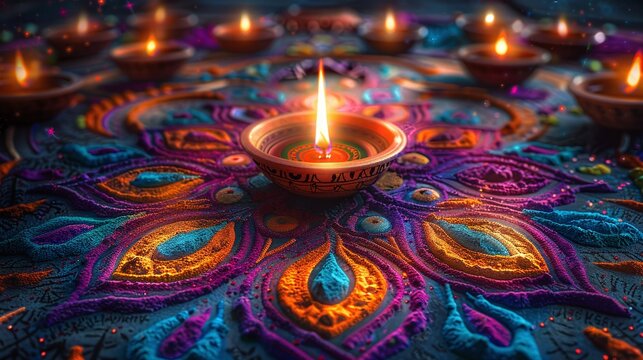Decorative diya lamps placed on a rangoli during diwali festive celebration in india