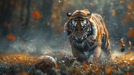 A tiger and a boy are running in a field - obrazy, fototapety, plakaty