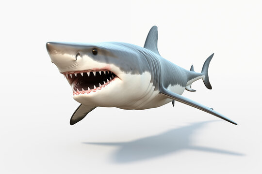 Realistic image of a shark with a gaping mouth and sharp teeth, with a shadow on a white background