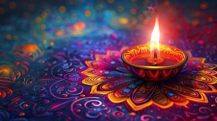 Decorative diwali diya lamp on a rangoli 